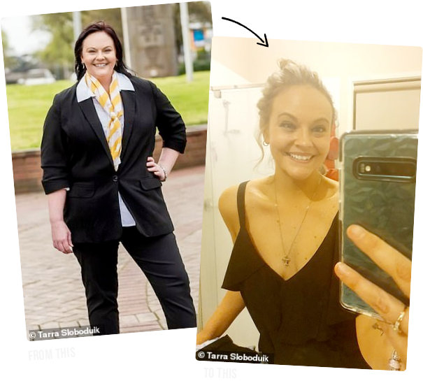 Before and after photos of Tarra losing 30kg before her wedding.